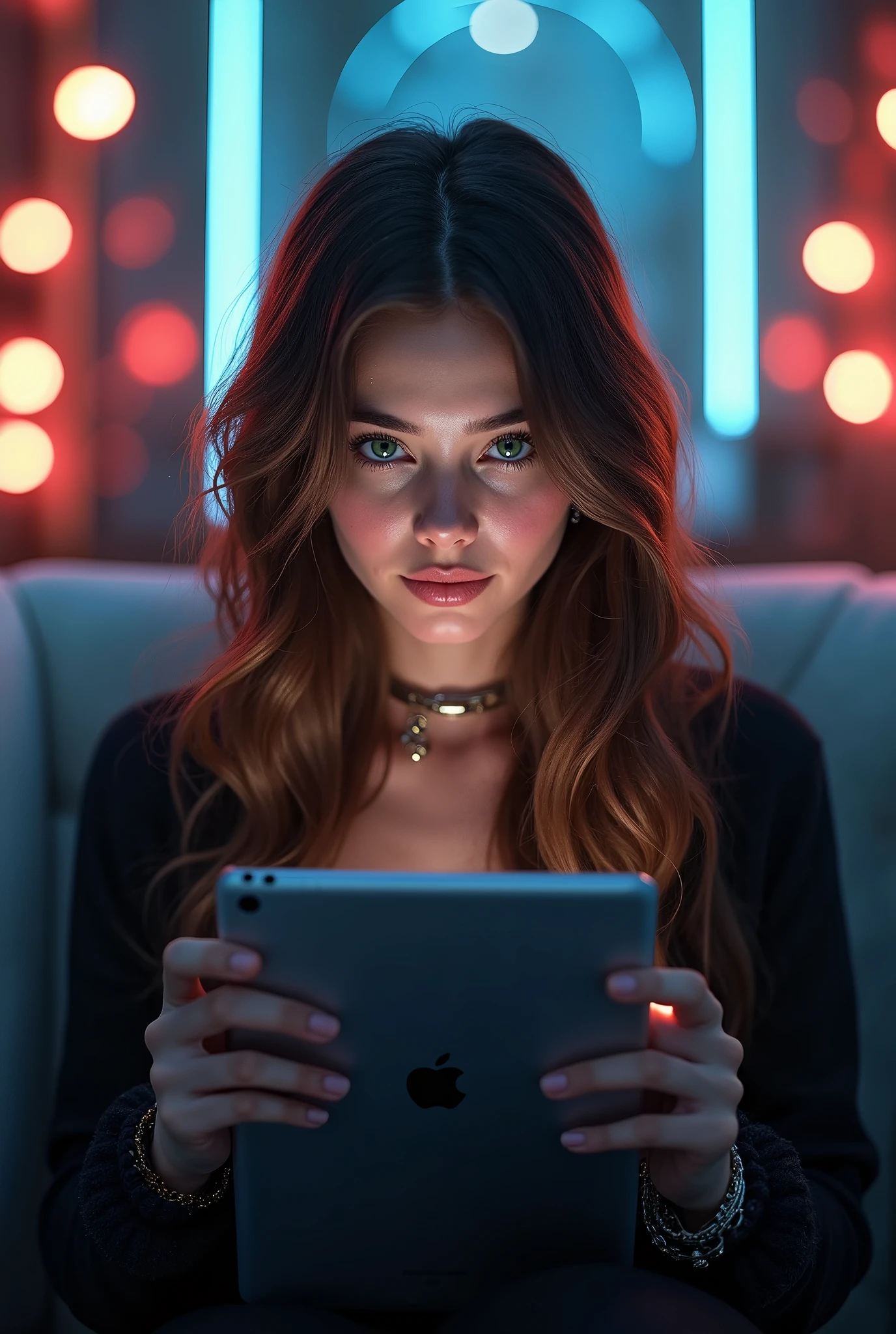 The girl is sitting on the couch, her face is looking straight at her iPad tablet, clothes outfit brown luxurious hair brunette dark long eyes green background in flashlights and the inscription LED strip esstell