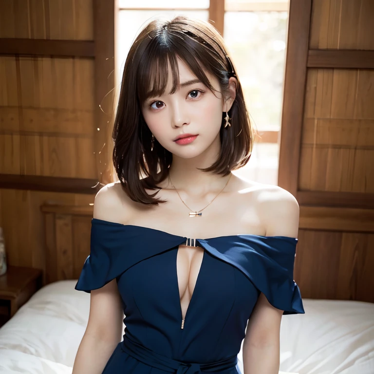 body、Full body Esbian、Leaning forward, Very small waist、(Very large breasts:1.3)、Plump thighs、Natural Skin、Ultra-thin face、 Extremely thin hands, very thin fingers, Optimal ratio、Surreal, ((Cute Dresses、Too much exposed skin、Off the shoulder、The length is short and the thighs are visible))、Blushing cheeks、body covered in 、Cross Necklace、((1 female:1.ung and adorable Japanese face, Official Art,非常に精細なCG Unity 8k壁紙,(masterpiece:1.0),(Highest quality:1.0), Very detailed, photo shoot, 8k, Hmph, High resolution, Kodak Portrait 400, Film Grain, Lens Flare Glow,Portrait Shot,Show Viewer