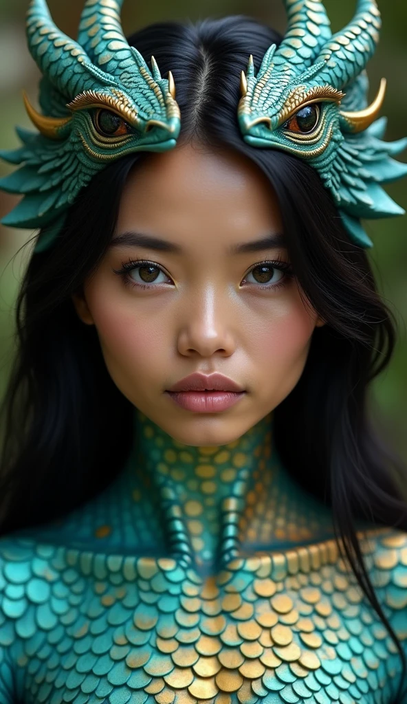 A Filipino woman with dragon-like characteristics, her skin covered in scales that blend shades of turquoise and gold, reflecting the vibrant coral reefs of the Philippines. Her eyes are a deep, ocean blue, filled with a sense of depth and mystery. Her facial features are gentle yet distinct, with a strong jawline and soft, rounded cheeks. Her black hair flows smoothly, interwoven with iridescent, scale-like accents that catch the light, embodying the harmony between land and sea found in the Philippine archipelago.