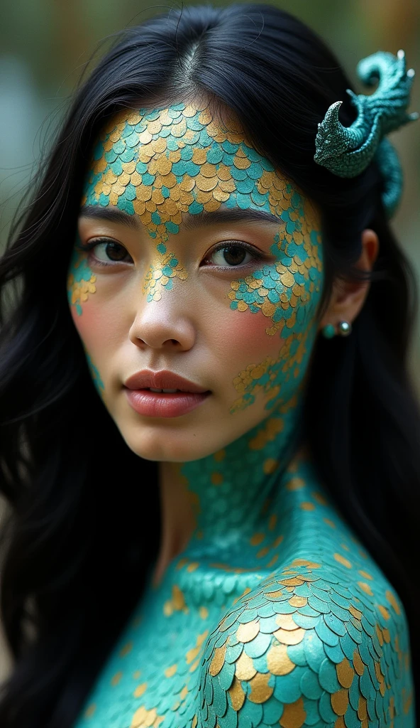 A Filipino woman with dragon-like characteristics, her skin covered in scales that blend shades of turquoise and gold, reflecting the vibrant coral reefs of the Philippines. Her eyes are a deep, ocean blue, filled with a sense of depth and mystery. Her facial features are gentle yet distinct, with a strong jawline and soft, rounded cheeks. Her black hair flows smoothly, interwoven with iridescent, scale-like accents that catch the light, embodying the harmony between land and sea found in the Philippine archipelago.