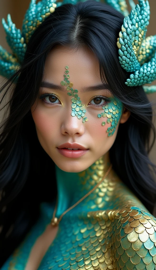 A Filipino woman with dragon-like characteristics, her skin covered in scales that blend shades of turquoise and gold, reflecting the vibrant coral reefs of the Philippines. Her eyes are a deep, ocean blue, filled with a sense of depth and mystery. Her facial features are gentle yet distinct, with a strong jawline and soft, rounded cheeks. Her black hair flows smoothly, interwoven with iridescent, scale-like accents that catch the light, embodying the harmony between land and sea found in the Philippine archipelago.