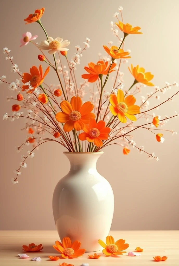 The image shows a white vase with gold flowers on a wooden surface. The flowers are orange and white, with orange being the dominant colour, creating a warm and lively effect. The flowers are delicate and lifelike, with thin, twisting branches that add an organic feel to the arrangement. Some flowers have fallen onto the wooden surface, creating a sense of movement between the vase and its resting place. The background features a subtle gradient from light to darker hues, complementing the floral display with a soft, unfocused ambiance. The overall effect is one of a carefully crafted still life that celebrates the flowers and their presentation.