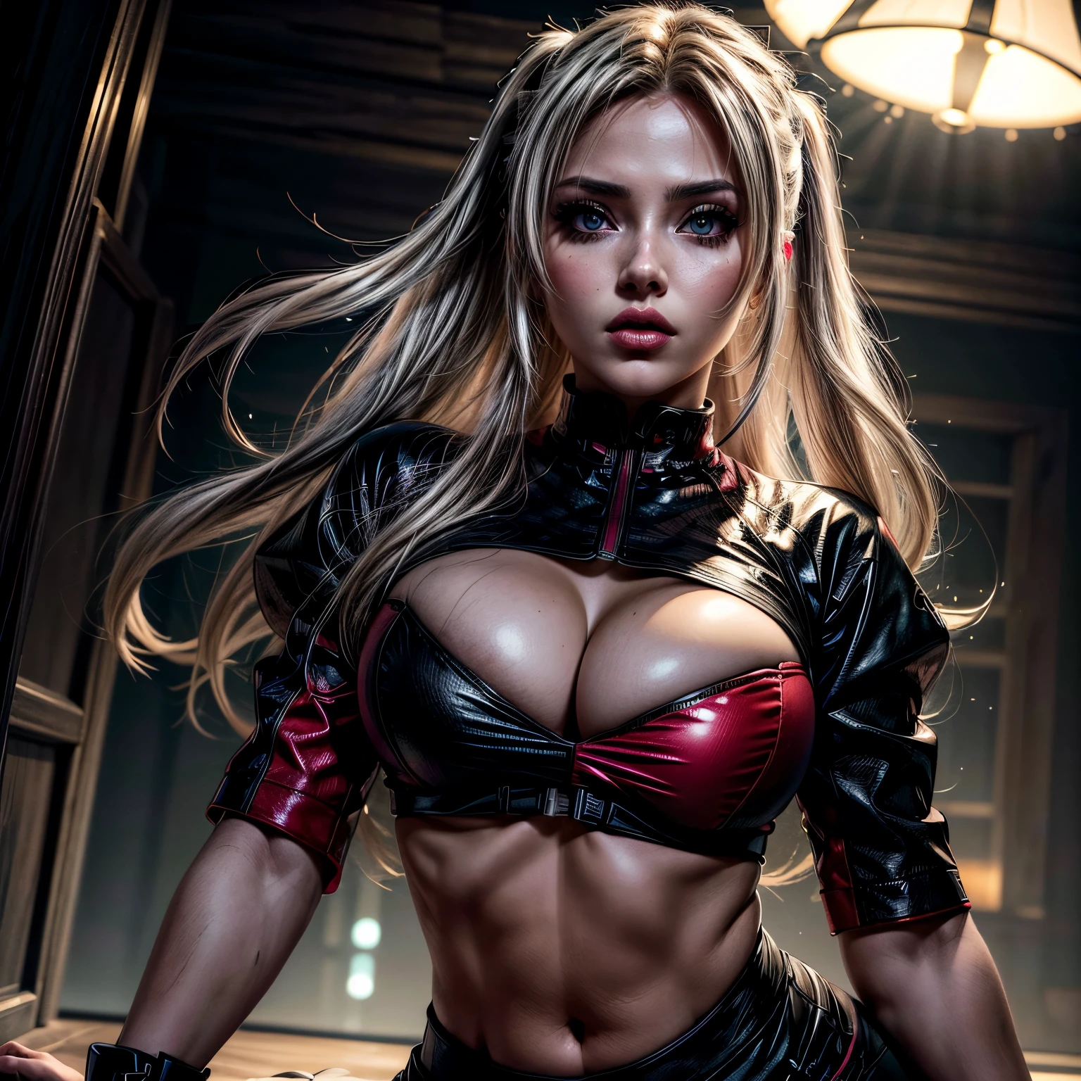((Best quality)), ((Masterpiece)), ((Realstic)) and ultra-detailed pchaudography, Tsuande, Pretty Girl Tsunade de Naruto, Jolie fille, cheveux jaune clair, parti, neon light. Elle a ((cheveux blanc)), porte un (Top Tech-Wear) et un (corde noire, motif rouge:1.2) , ((beautiful and aesthetic)), sexy, gros seins, chaud, grosse poitrine, Eigaka E6