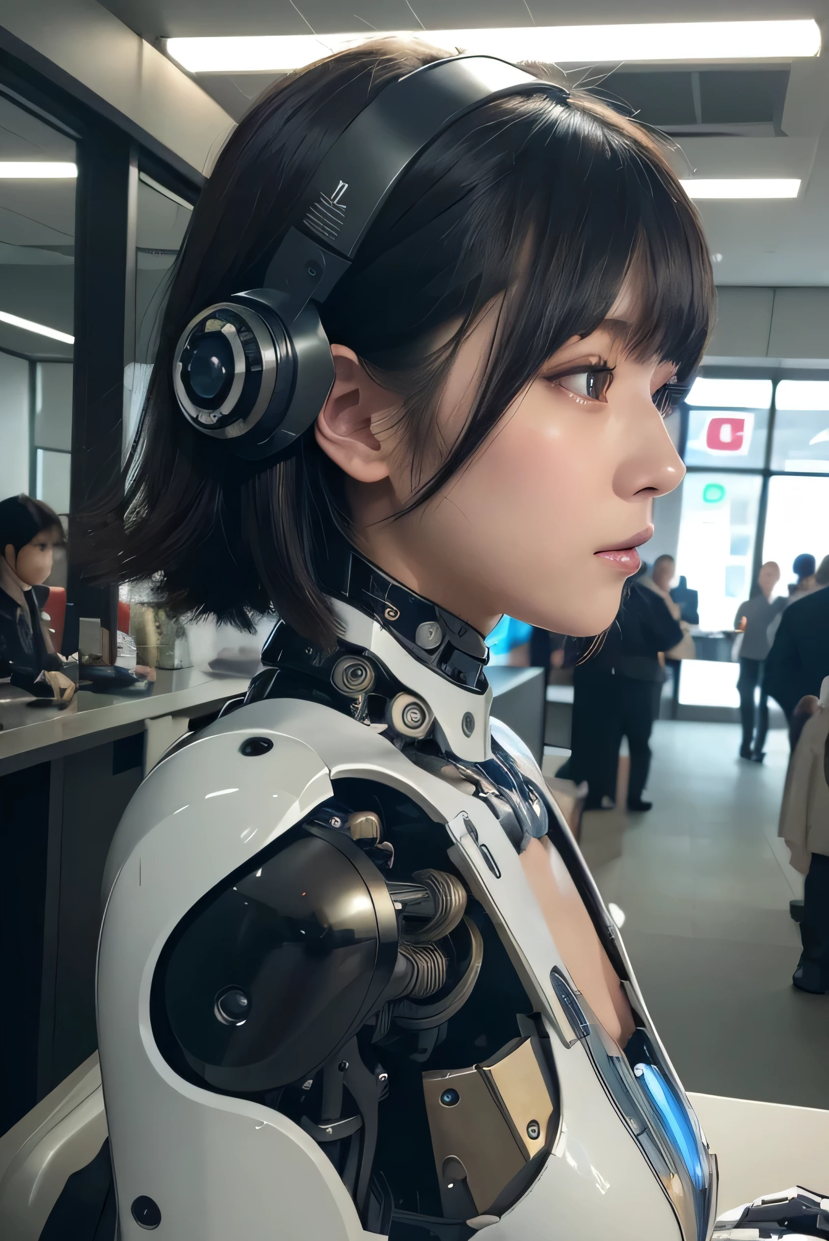 masterpiece, best quality, extremely detailed, Japaese android girl,Plump , control panels,android,Droid,Mechanical Hand, Robot arms and legs, Black Robot Parts,Black hair,Mechanical body,Blunt bangs,White robotics parts,perfect robot girl,future information counter,reception,long tube,thick cable connected her neck,ceramic body ,mechanical body,mechanical costume,android,robot,humanoid,cyborg,information office,japanese android receptionist ,mechanical chest,blue eyes,office-lady