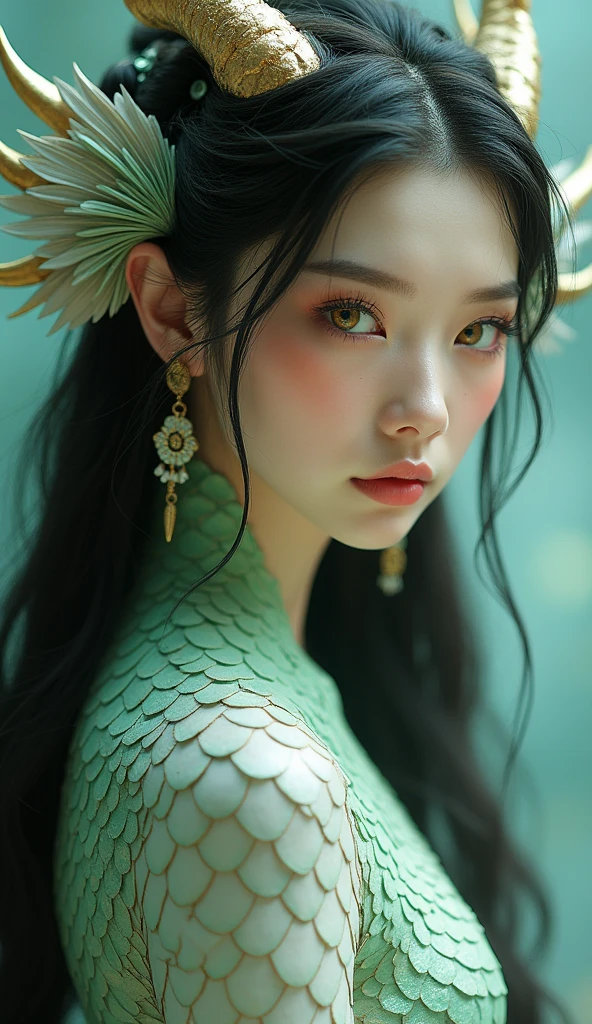 A Chinese woman with dragon-like features, her body adorned with iridescent jade-green and pearl-white scales that shimmer like the rivers and mountains of China. Her eyes are sharp and cat-like, glowing a vibrant gold, reminiscent of ancient Chinese art. Her facial features are elegant and refined, with a slender nose and high cheekbones. Her long, dark hair flows like a cascade of ink, interwoven with delicate, horn-like structures, embodying the wisdom and strength of the mythical dragons from Chinese folklore.
