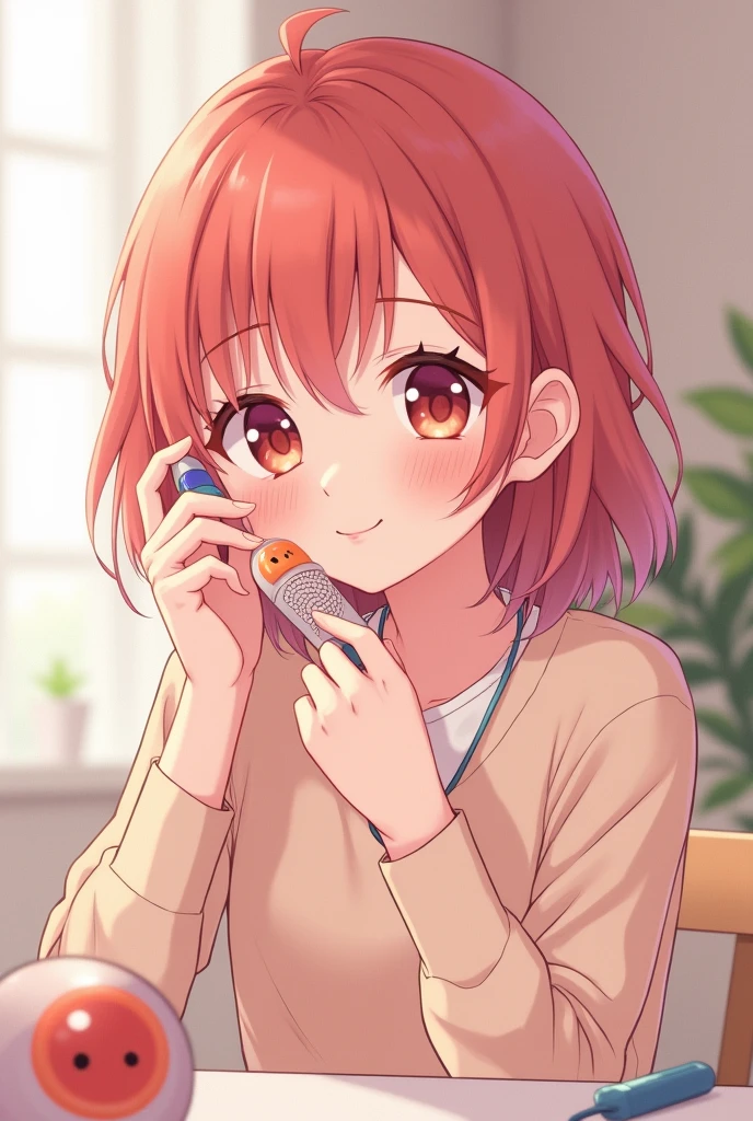 Create an image of a smiling anime girl with pastel red hair doing asmr ear cleaning into a microphone that looks like an ear