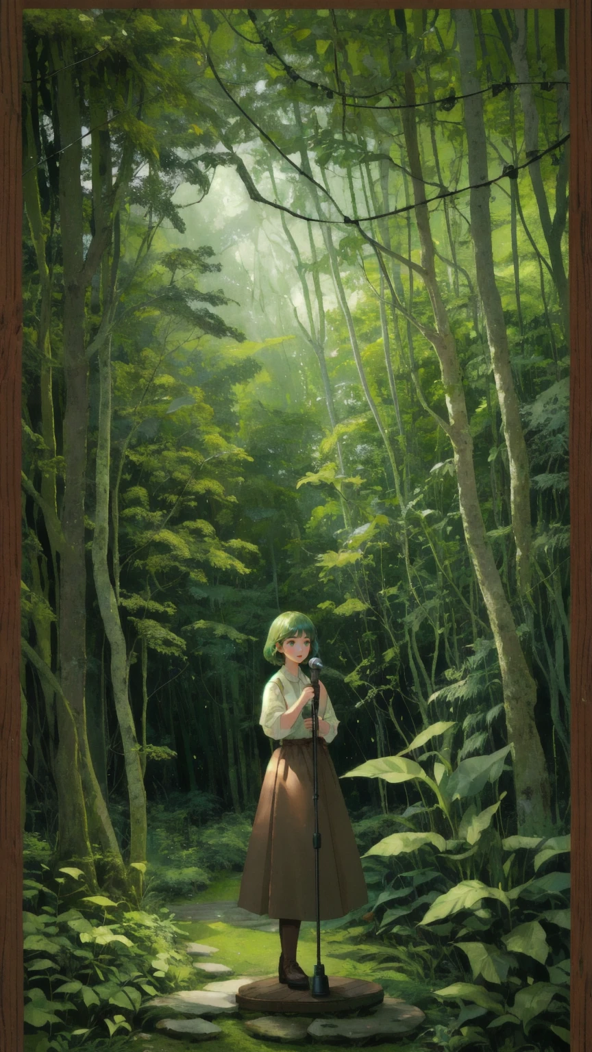 "A lush, green-themed forest scene with wooden elements and a whimsical atmosphere. The background consists of twisted wooden trees with thick vines hanging down, surrounded by dense foliage and large leaves in various shades of green. The ground is made of wooden planks interspersed with small stones, moss, and creeping vines. In the center, a girl character made entirely of textured wood stands animatedly, with an expressive face and exaggerated features. She is holding a vintage-style microphone, standing on a wooden stage, appearing to be in the middle of an energetic speech or announcement. The background should be vivid and immersive, filled with natural green tones, without any text in the image.