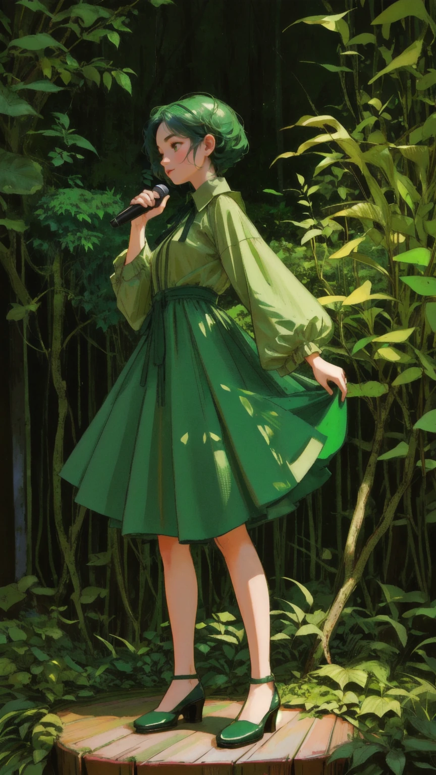 "A lush, green-themed forest scene with wooden elements and a whimsical atmosphere. The background consists of twisted wooden trees with thick vines hanging down, surrounded by dense foliage and large leaves in various shades of green. The ground is made of wooden planks interspersed with small stones, moss, and creeping vines. In the center, a girl character made entirely of textured wood stands animatedly, with an expressive face and exaggerated features. She is holding a vintage-style microphone, standing on a wooden stage, appearing to be in the middle of an energetic speech or announcement. The background should be vivid and immersive, filled with natural green tones, without any text in the image.