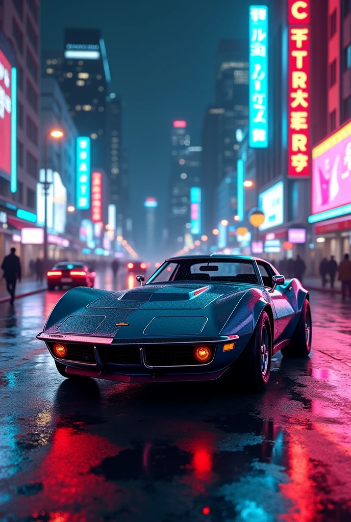 Chevrolet taver with down town background at night with blue neon lights
