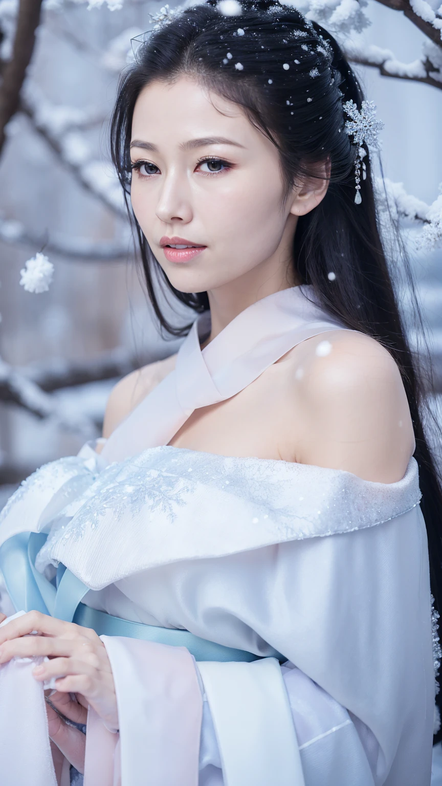 1 Fashion Model [[[[close up]]]], [[[[neck]]]], [[[[Shoulder]]]], (((Complete head)))，(((Complete hairstyle)))，Perfect eyes, Perfect Iris，Perfect lips，Perfect Teeth，Perfect skin，White skin，Soft headlights，High-density imaging，Black long hair，（Clean and delicate face），((Simple fur winter Hanfu))，((Half-length photo))，((The background is a snowy scene))，((winter))，((Various dynamic poses))，((The background is a snowy scene))，best quality，masterpiece，（Soft colors：1.2）