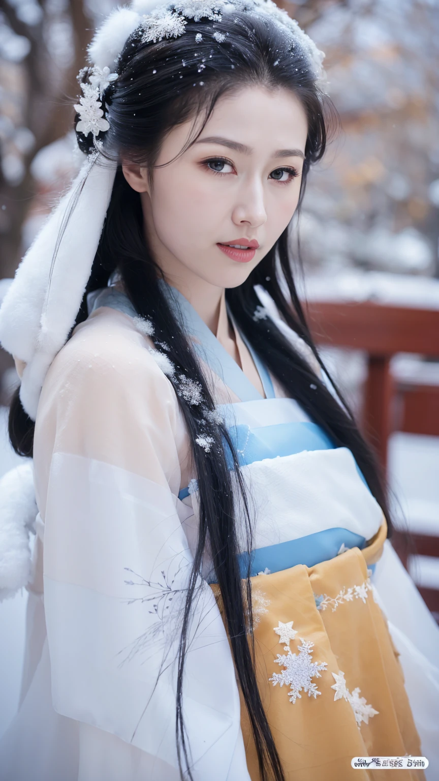 1 Fashion Model [[[[close up]]]], [[[[neck]]]], [[[[Shoulder]]]], (((Complete head)))，(((Complete hairstyle)))，Perfect eyes, Perfect Iris，Perfect lips，Perfect Teeth，Perfect skin，White skin，Soft headlights，High-density imaging，Black long hair，（Clean and delicate face），((Simple fur winter Hanfu))，((Half-length photo))，((The background is a snowy scene))，((winter))，((Various dynamic poses))，((The background is a snowy scene))，best quality，masterpiece，（Soft colors：1.2）