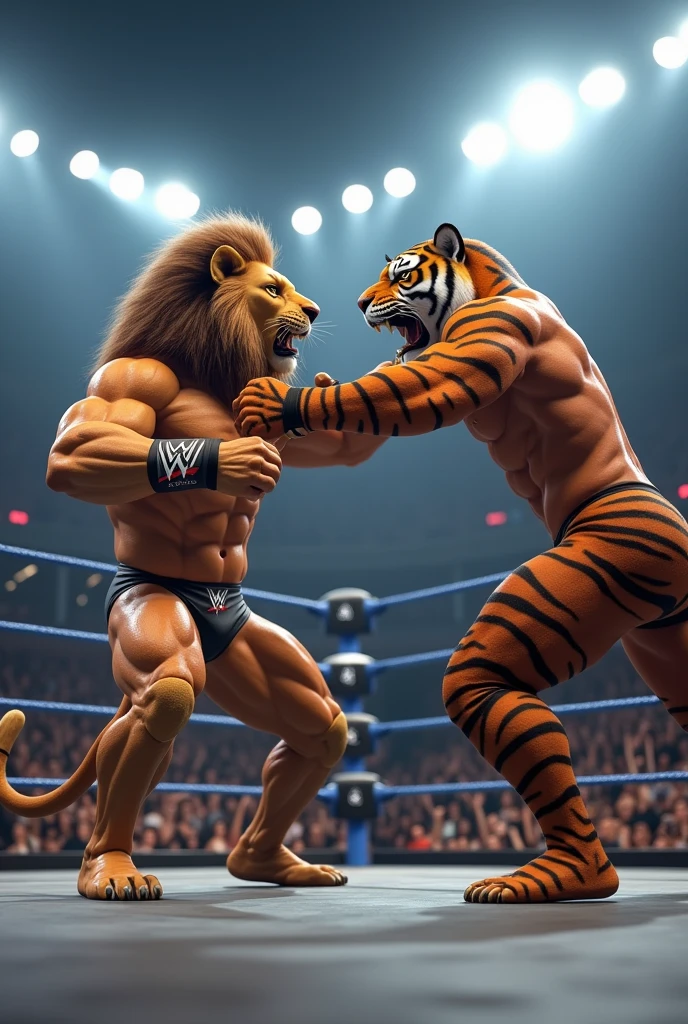 "A lion with a human muscular body fighting with a tiger with a human muscular body in a WWE ring. The lion has a fierce face with a thick mane and a powerful, muscular human body, showing defined muscles. The tiger has an intense, striped face and a similarly strong, muscular human body. Both are in dynamic combat poses, with the lion about to strike and the tiger ready to counter. The WWE ring is surrounded by a cheering crowd, with bright stadium lights illuminating the intense fight scene."