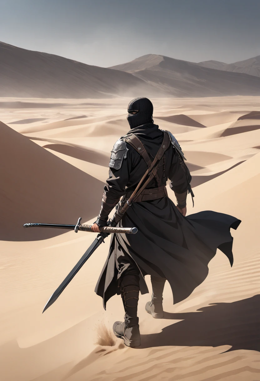 Male, black balaclava, solo, black clothes, warrior, black flag behind, desert