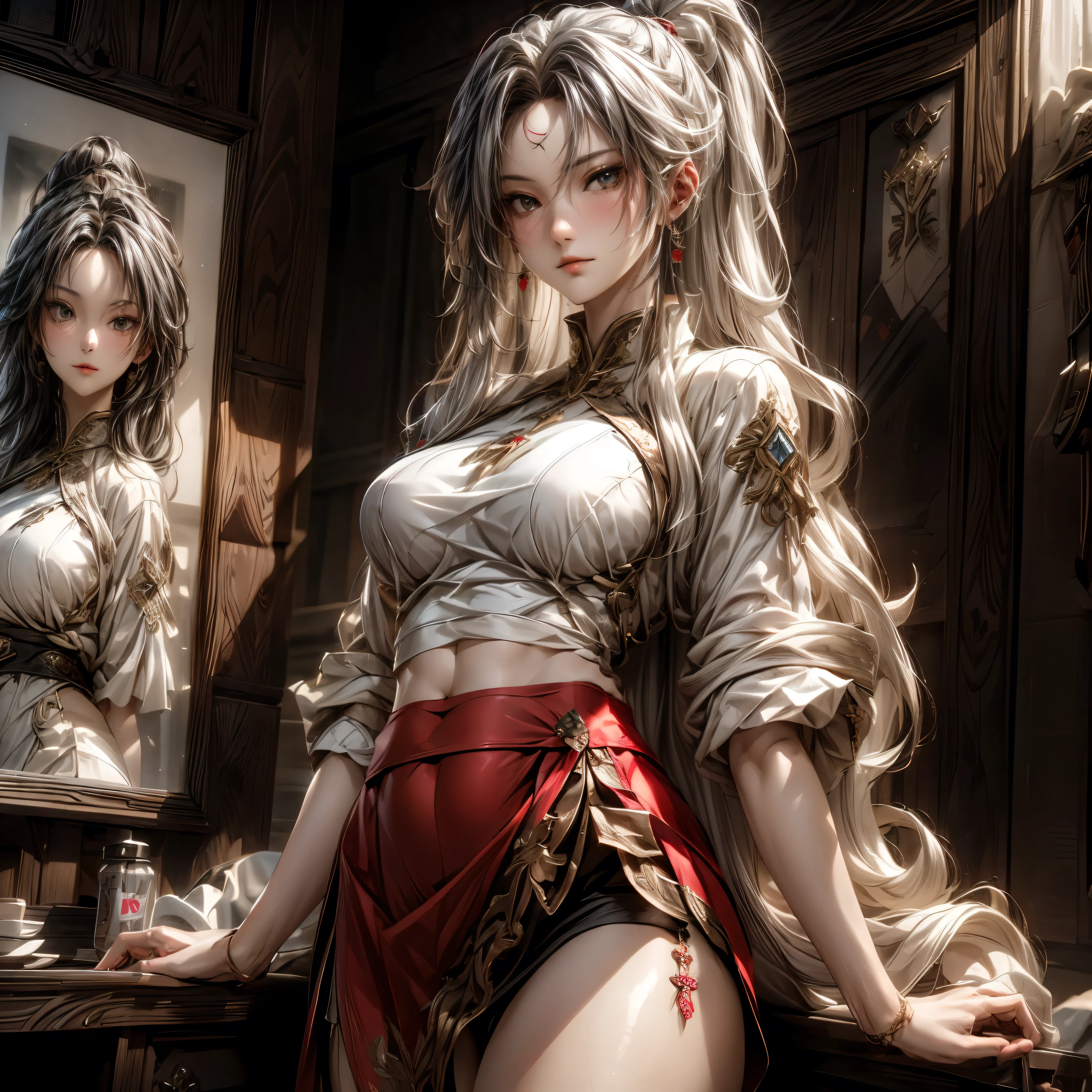 (best quality)), ((Masterpiece)), (details:1.4), 3d, HDR (high dynamic range), an image of a beautiful cyberpunk female, Fantasy, Medieval, Cyberpunk, Black hair, High ponytail, Hips up, Beautiful White eyes, จมูกโด่ง, ปากแดง, หน้าอกใหญ่, nvidia RTX, PBR surface, After processing, Anisotropic filtration,depth of field, Maximum clarity and clarity, multi-layered surface, Subsurface scattering, perfect proportions, 8K raw files, ultra detailed, Perfect proportions, volumetric lighting, soft lighting, Holy Paldin, Heavy Golden Armor, white dress, intricate Golden embroidery, glossy skin, Bed room Background, jewely, ต่างหู, นิ้วมือสมบูรณ์, mini Red skirt,