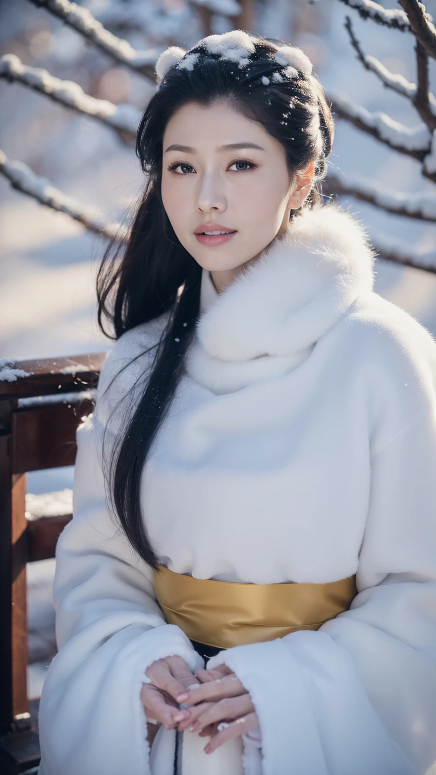 1 Fashion Model [[[[close up]]]], [[[[neck]]]], [[[[Shoulder]]]], (((Complete head)))，(((Complete hairstyle)))，Perfect eyes, Perfect Iris，Perfect lips，Perfect Teeth，Perfect skin，White skin，Soft headlights，High-density imaging，Black long hair，（Clean and delicate face），((Simple fur winter Hanfu))，((Half-length photo))，((The background is a snowy scene))，((winter))，((Various dynamic poses))，((The background is a snowy scene))，best quality，masterpiece，（Soft colors：1.2）