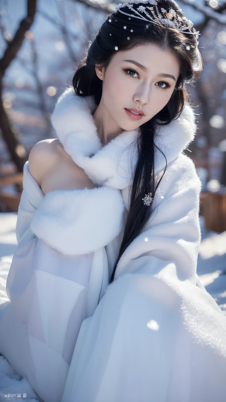 1 Fashion Model [[[[close up]]]], [[[[neck]]]], [[[[Shoulder]]]], (((Complete head)))，(((Complete hairstyle)))，Perfect eyes, Perfect Iris，Perfect lips，Perfect Teeth，Perfect skin，White skin，Soft headlights，High-density imaging，Black long hair，（Clean and delicate face），((Simple fur winter Hanfu))，((Half-length photo))，((The background is a snowy scene))，((winter))，((Various dynamic poses))，((The background is a snowy scene))，best quality，masterpiece，（Soft colors：1.2）