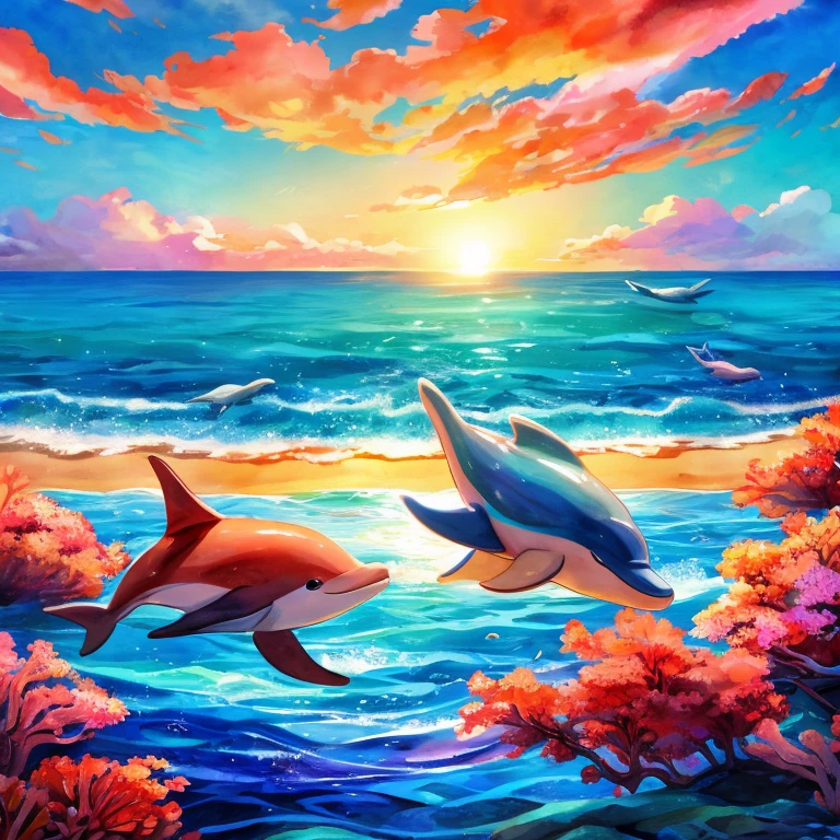 Masterpiece, best quality, high quality, 4K,  Dolphins, Animals, swimming in colorful sea, dreamy colorful anime style, Corals,  highly detailed water color, Summer, sunny day