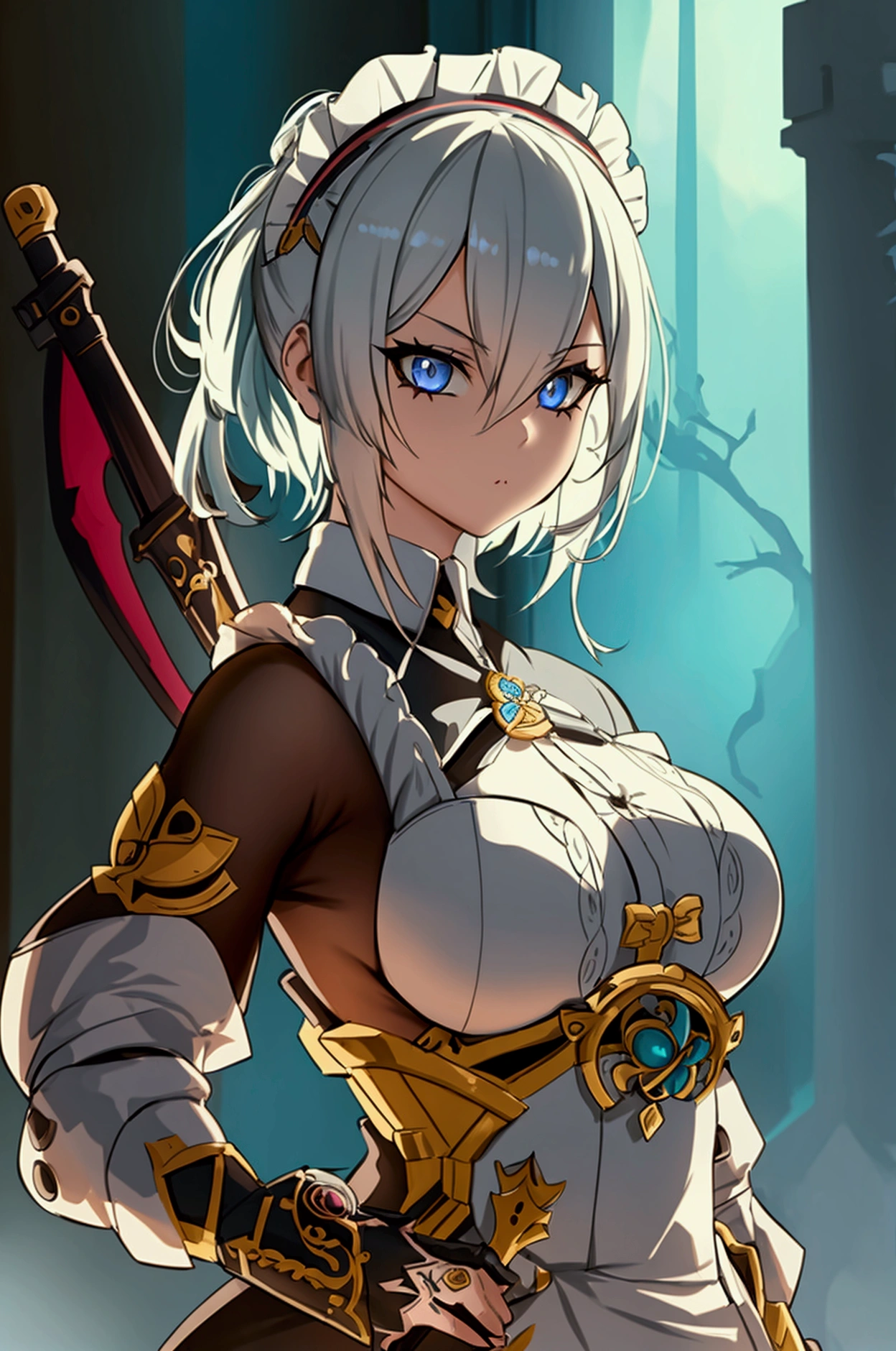 one girl, dynamic pose, extremely detailed, simple colors, holding weapon, battle maid, beautiful, anime style, psychopath like theme, short white hair, full body, intricate details, dramatic lighting, cinematic composition, high contrast, vibrant colors, chiaroscuro, digital art, concept art, masterpiece, hyper-realistic, 8k, HDR,, detaled outfit, show full body, genshin style