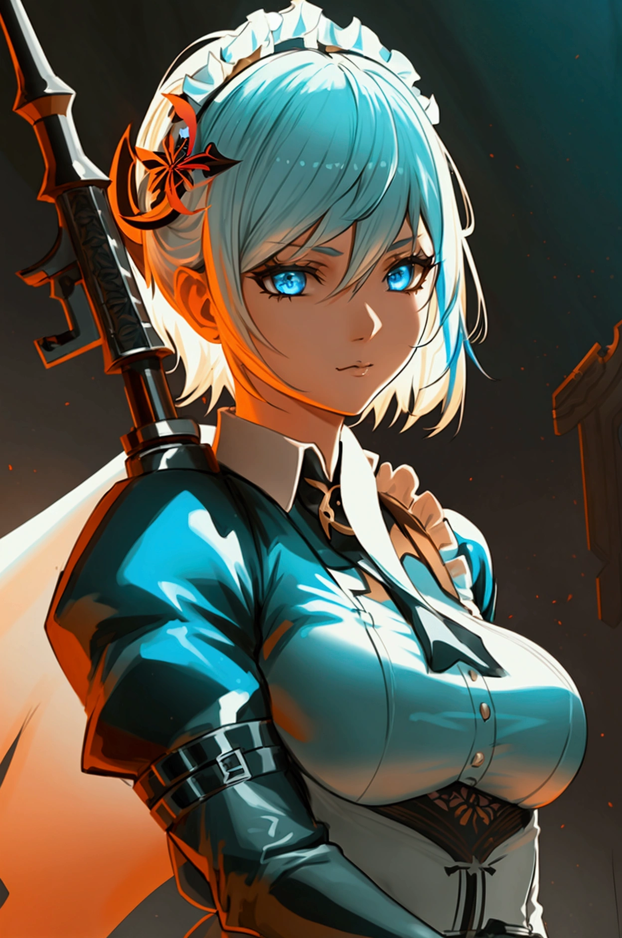 one girl, dynamic pose, extremely detailed, simple colors, holding weapon, battle maid, beautiful, anime style, psychopath like theme, short white hair, full body, intricate details, dramatic lighting, cinematic composition, high contrast, vibrant colors, chiaroscuro, digital art, concept art, masterpiece, hyper-realistic, 8k, HDR,, detaled outfit, show full body, genshin style