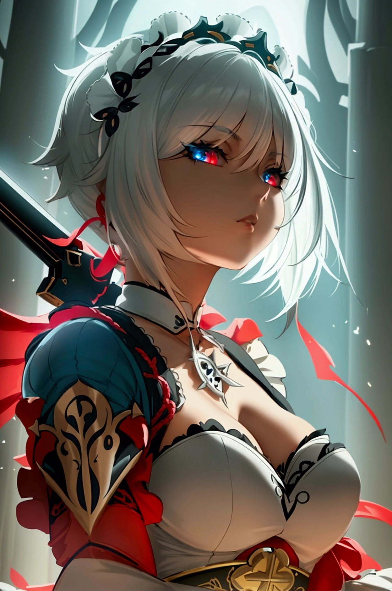 one girl, dynamic pose, extremely detailed, simple colors, holding weapon, battle maid, beautiful, anime style, psychopath like theme, short white hair, full body, intricate details, dramatic lighting, cinematic composition, high contrast, vibrant colors, chiaroscuro, digital art, concept art, masterpiece, hyper-realistic, 8k, HDR,, detaled outfit, show full body, genshin style