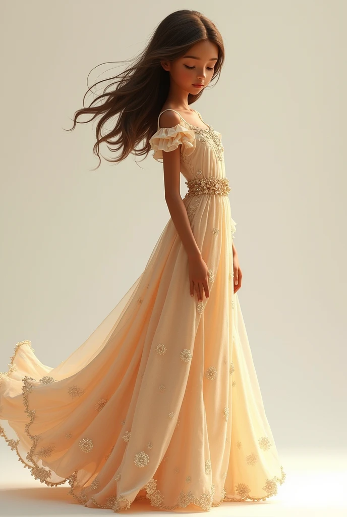 A 1 girl with middle hair and her skin colour is brown and her height is 146 cm wear a nice gown