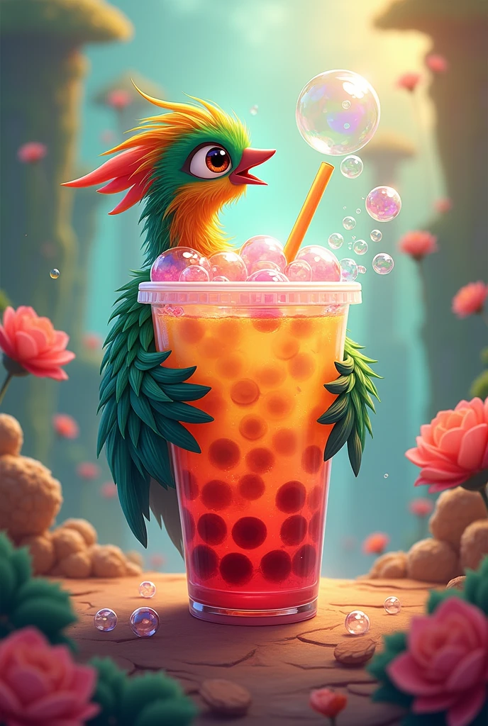 Animated cartoon of a quetzal showing a bottomless bubble tea