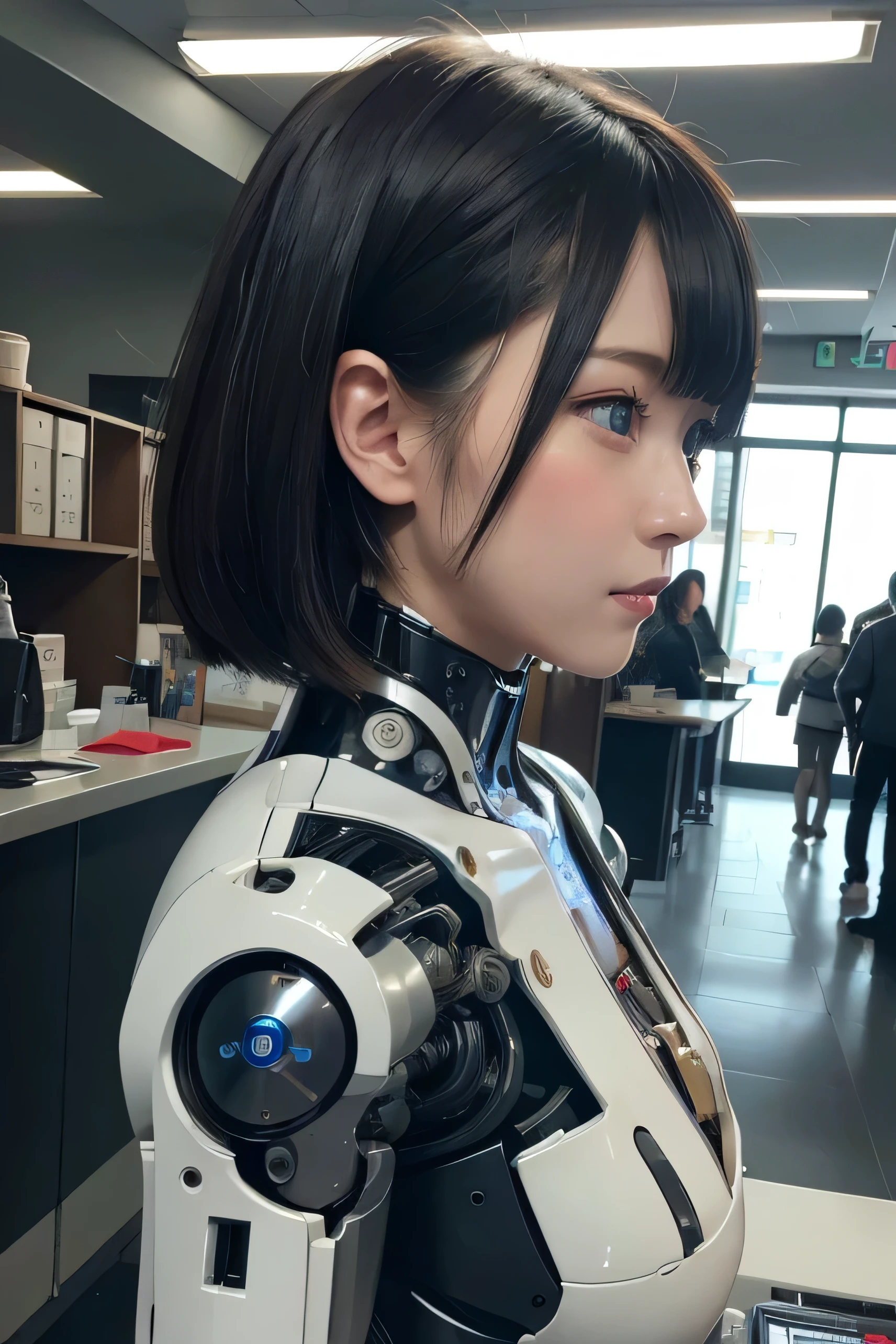 masterpiece, best quality, extremely detailed,  Japaese android girl,Plump , control panels,android,Droid,Mechanical Hand, Robot arms and legs, Black Robot Parts,Black hair,Mechanical body,Blunt bangs,White robotics parts,perfect robot girl,future information counter,reception,long tube,thick cable connected her neck,ceramic body ,mechanical body,mechanical costume,android,robot,humanoid,cyborg,information office,japanese android receptionist ,mechanical chest,blue eyes,office-lady