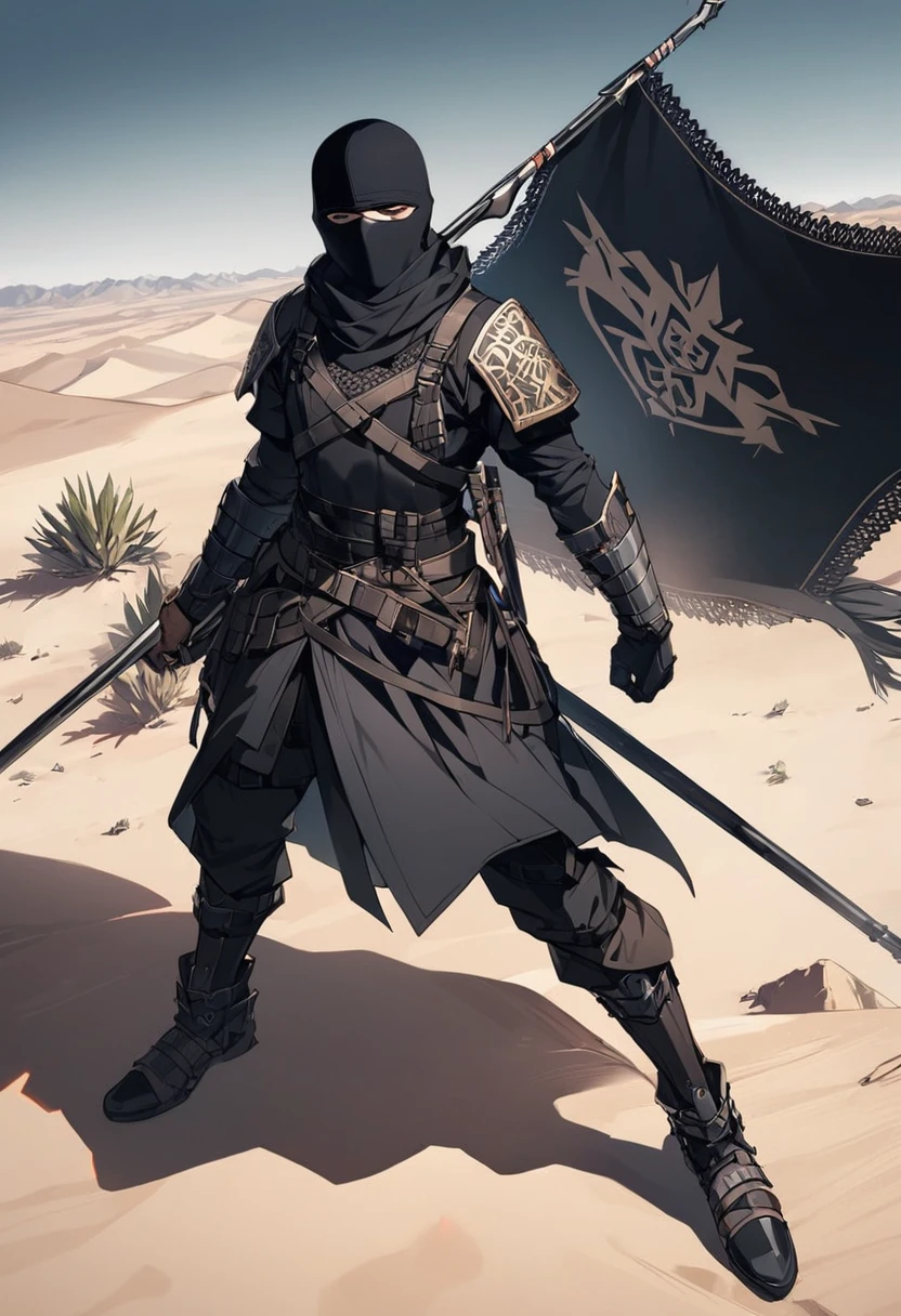 Male, black balaclava, solo, black clothes, warrior, black flag behind, desert