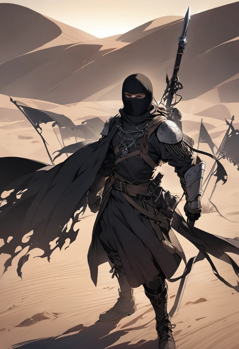 Male, black balaclava, solo, black clothes, warrior, black flag behind, desert