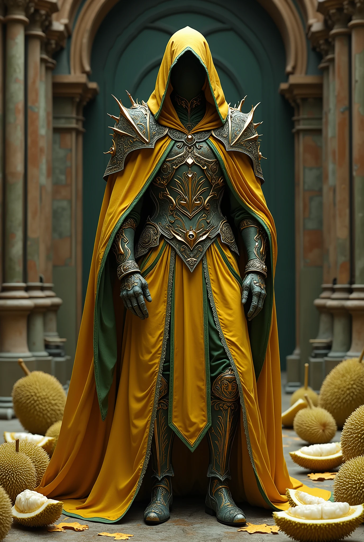 Create highly detailed, crisp, clear, and lifelike images with intricate details that let you see every detail in high definition. Add rich details such as intricately designed yellow and green robes with armor pieces on the arms and legs, with mechanical or robotic elements. Add heavy boots to your character's outfit. Surround yourself with durian rinds sprinkled on an ornate backdrop reminiscent of Gothic architecture, while maintaining privacy by obscuring the facial features.