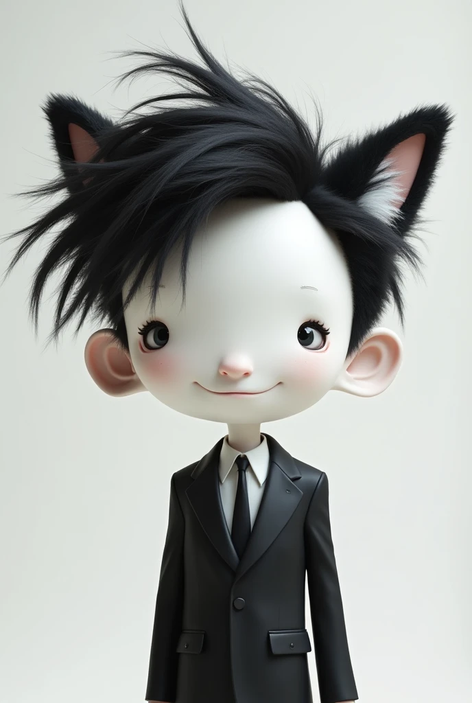cartoon character with black and white messy hair, fluffy ears, and a pure white skin tone. The character is faceless and is wearing a black and white suit.