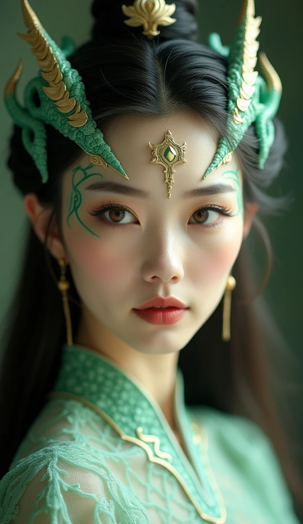 A Chinese woman with dragon-like features, her face adorned with delicate, shimmering jade-green scales along her cheekbones and forehead, blending seamlessly with her smooth skin. Small, elegant horns curve gently from her temples, adding a mystical yet graceful touch to her appearance. Her eyes are almond-shaped and glow with a soft golden light, reflecting the ancient wisdom of Chinese dragons. Despite the dragon traits, her facial features remain distinctly human, with a serene expression, high cheekbones, and a refined jawline. Her long, dark hair flows down her back, enhancing her ethereal and mythical presence.