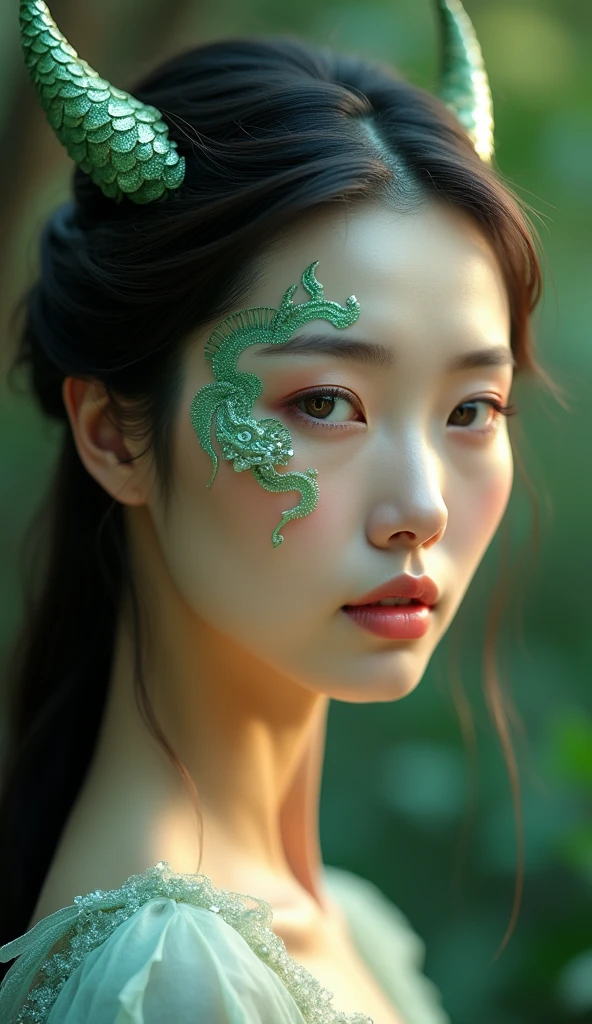 A Chinese woman with dragon-like features, her face adorned with delicate, shimmering jade-green scales along her cheekbones and forehead, blending seamlessly with her smooth skin. Small, elegant horns curve gently from her temples, adding a mystical yet graceful touch to her appearance. Her eyes are almond-shaped and glow with a soft golden light, reflecting the ancient wisdom of Chinese dragons. Despite the dragon traits, her facial features remain distinctly human, with a serene expression, high cheekbones, and a refined jawline. Her long, dark hair flows down her back, enhancing her ethereal and mythical presence.