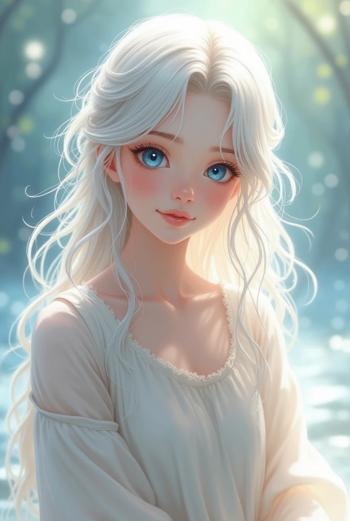 Adsox teenage boys、A gentle angel. She has pearly skin and bright blue eyes.. Her hair is silvery white、Soft and flowing.. She is wearing a pastel tunic. His presence、It radiates calm and peace.



