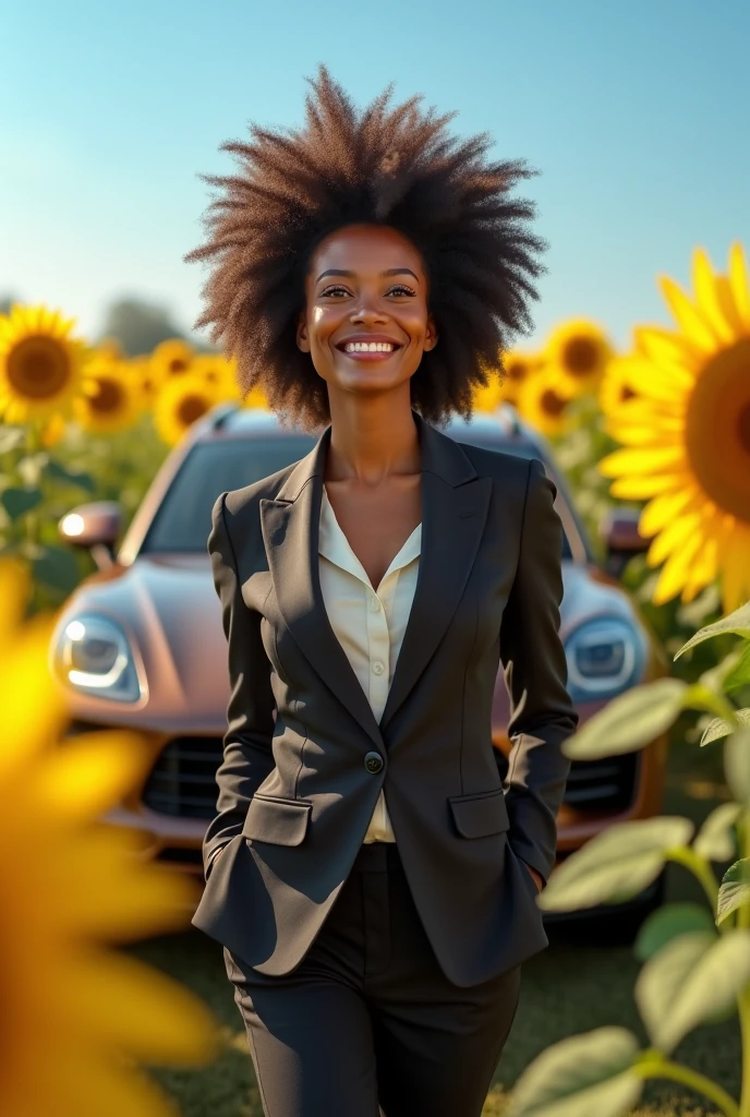 Create an image of a rich woman in business attire with a brown Porsche car, big curly afro hair, beautiful smile in a bright sunflower field 