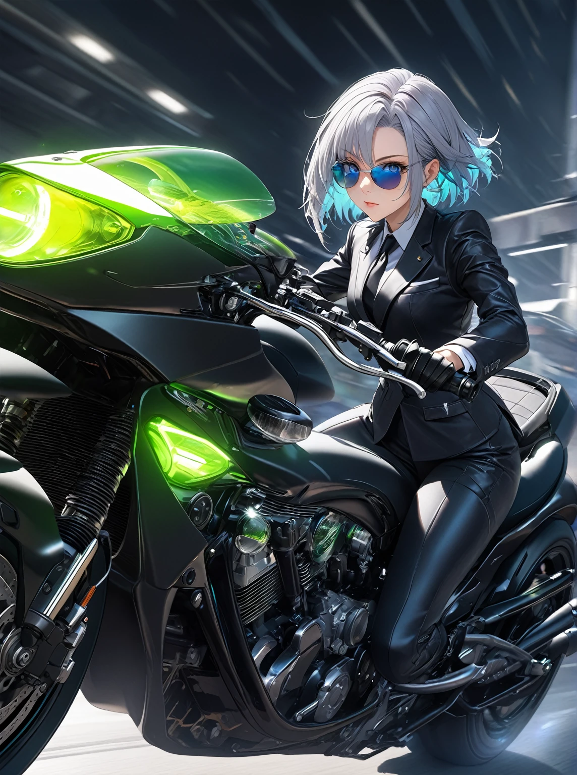 Ultra high resolution, rich colors, perfect image, best quality, detailed image, beautiful single woman, glowing skin, skin and clothing texture, delicate eyes, futuristic motorcycle, FF7, driving, black tie suit, silver bob hair, blue eyes, sunglasses