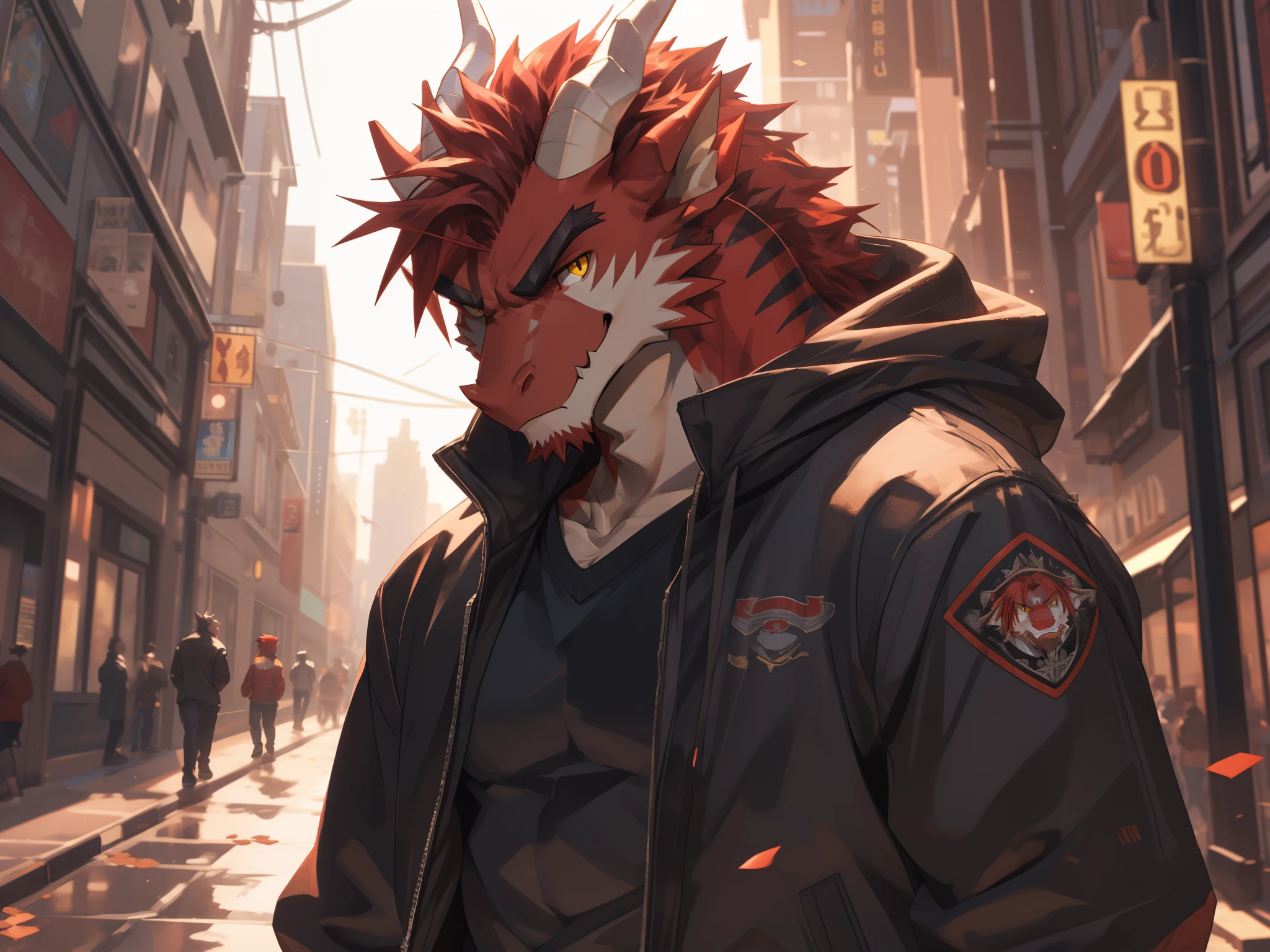 Masterpiece, Solo, (Red dragon, yellow eyes, Medium red hair, Medium facial red hair, a pair of white horn), Muscular Body, Handsome, Good Looking, Adult, Fierce, Smirking, Red Shirt, Jean, Jacket, Furry Street Background.