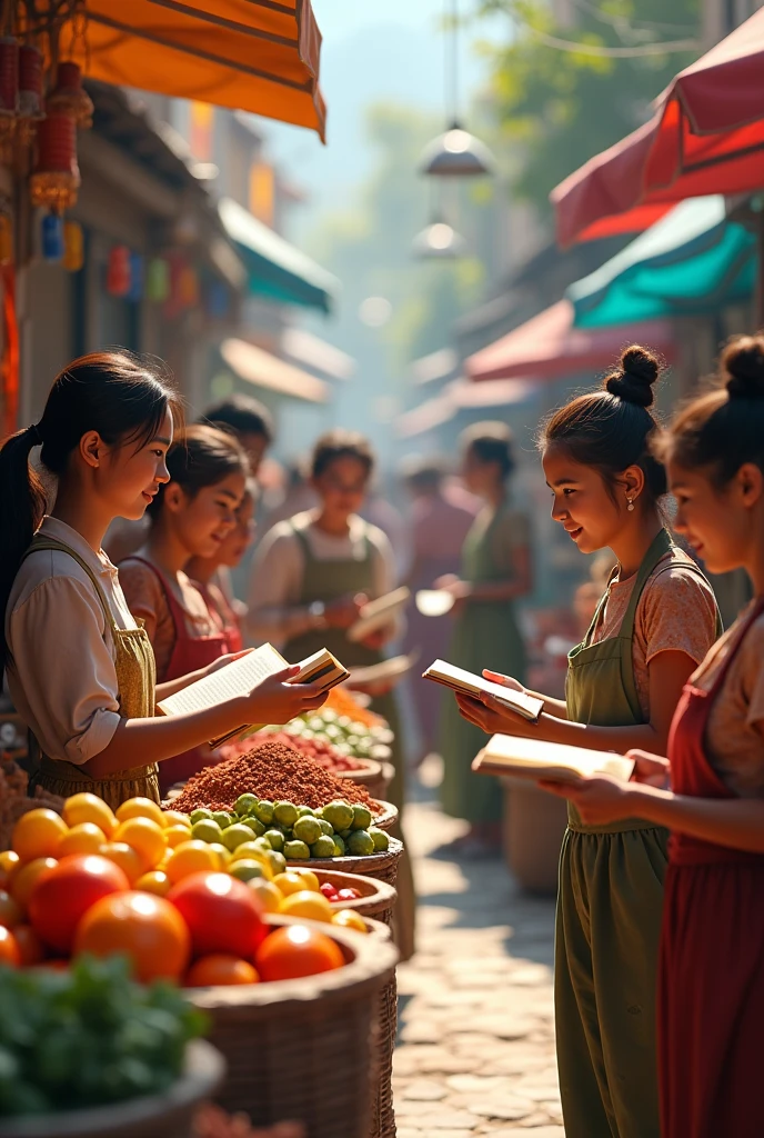 Students hold books and ask questions of food vendors.
