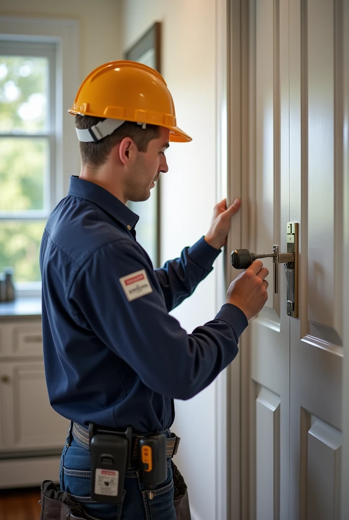 Create a professional and realistic image for an online store that offers door installation and maintenance services, focusing on the installation of concealed hinges and a magnetic lock set on an interior door. The image should depict a skilled worker carefully embedding concealed hinges and a magnetic lock into the door frame and door itself. The worker should be dressed in branded, professional attire, using precise tools like a chisel and drill to ensure a seamless fit. The setting should be a modern, well-lit residential interior, with the door shown partially open to reveal the hidden hardware and the smooth operation of the magnetic lock. Subtle branding elements, such as logos on the worker's uniform or tools, should be included to reinforce the company’s identity. The overall scene should convey professionalism, precision, and the high level of craftsmanship involved in installing advanced door hardware.