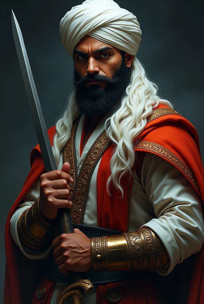A Sikh young man with hand in sward and white tuban background traffic his clothes like a king background night eyes like a devil