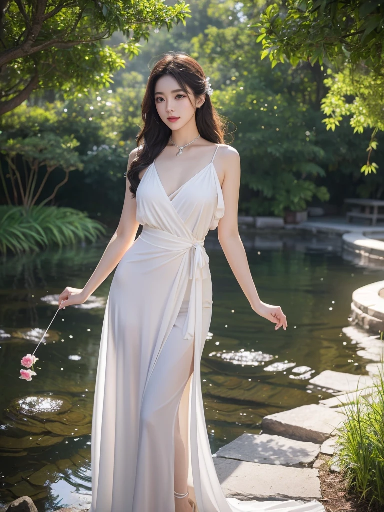 Romantic Rose White Dress 2, Deep in Wonderland,The moonlight falls like water,foggy room,The figure of the heroine is vaguely visible,Just like the fairy in the painting,Slender sexy legs,Very beautiful legs,Show sexy,Large Breasts,Beautiful with a hint of mystery。Her face is beautiful and delicate,Like finely carved jade,Showing otherworldly beauty。picturesque eyebrows,The waves in my eyes are like twinkling stars,Show the light of perseverance and wisdom。The bridge of the nose is straight,Lip color like cherry,The slightly raised corners of the mouth reveal confidence and calmness。Her face is chiseled,Skin as fair as jade,Reveal a healthy glow,like a fairy, She never eats fireworks in this world。Her makeup is light and delicate,No excessive embellishment,But enough to show her temperament and charm。Light-colored foundation brings out the transparency of the skin,A light eyebrow pencil outlines her perfect eyebrow shape,Eye makeup is eye shadow and eyeliner,Make her eyes brighter and more energetic。嘴唇涂上elegant的口红,Adds a bit of charm and sophistication。她白色透明的衣服elegant别致,Clothes flying,It seems like it will be blown up by the wind at any time,drifting into the distance。既不失elegant,Also showed off her extraordinary skills。A wide belt is tied around the waist,There is a crystal clear jade pendant hanging on it,Swinging with her movements。Her hair is tied back casually,Protect it with hostas,A few strands of hair flutter gently in the wind,Adds a bit of softness。Her figure is looming in the fairyland,宛如一道Large Breasts Beautiful的风景线,Attracted everyone's concern。She seems to be a fairy in wonderland,Large Breasts Beautiful、elegant、mystery、and full of power。8k,beautiful hands、foot,like a fairy'Perfect natural fingers,foot指。