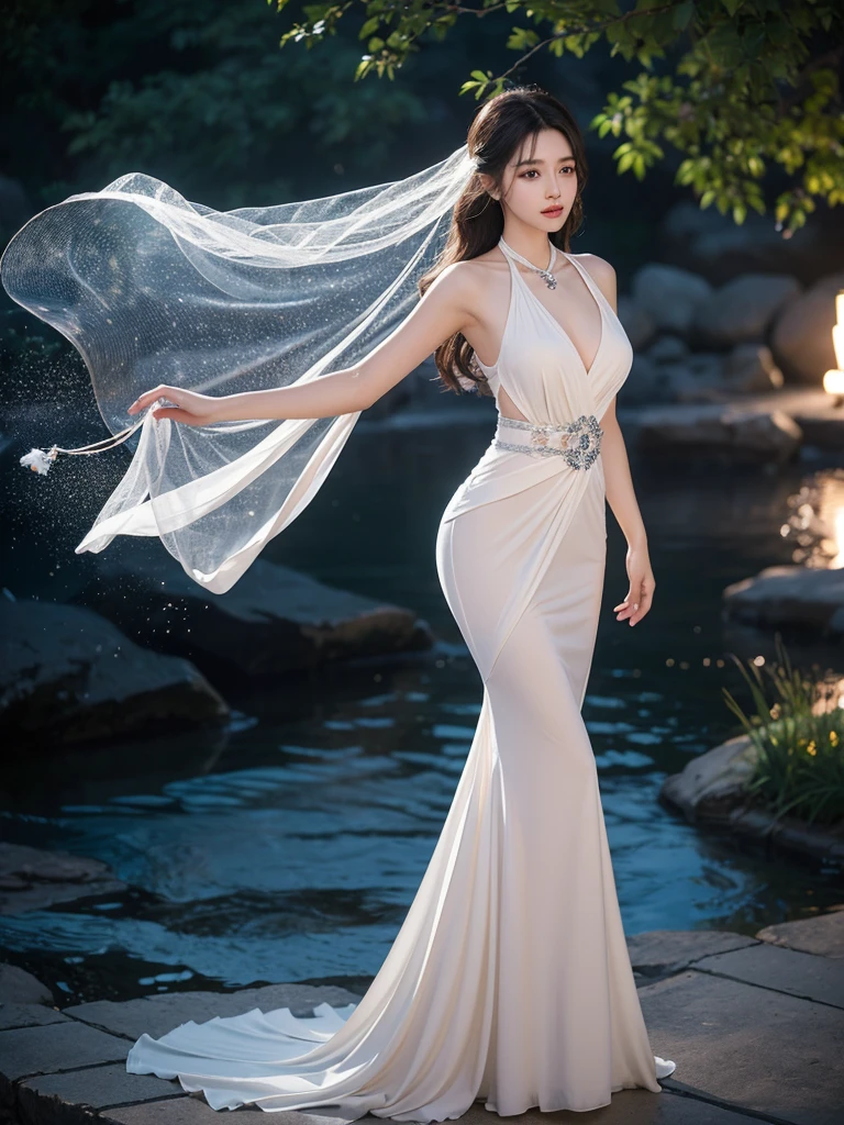 Romantic Rose White Dress 2, Deep in Wonderland,The moonlight falls like water,foggy room,The figure of the heroine is vaguely visible,Just like the fairy in the painting,Slender sexy legs,Very beautiful legs,Show sexy,Large Breasts,Beautiful with a hint of mystery。Her face is beautiful and delicate,Like finely carved jade,Showing otherworldly beauty。picturesque eyebrows,The waves in my eyes are like twinkling stars,Show the light of perseverance and wisdom。The bridge of the nose is straight,Lip color like cherry,The slightly raised corners of the mouth reveal confidence and calmness。Her face is chiseled,Skin as fair as jade,Reveal a healthy glow,like a fairy, She never eats fireworks in this world。Her makeup is light and delicate,No excessive embellishment,But enough to show her temperament and charm。Light-colored foundation brings out the transparency of the skin,A light eyebrow pencil outlines her perfect eyebrow shape,Eye makeup is eye shadow and eyeliner,Make her eyes brighter and more energetic。嘴唇涂上elegant的口红,Adds a bit of charm and sophistication。她白色透明的衣服elegant别致,Clothes flying,It seems like it will be blown up by the wind at any time,drifting into the distance。既不失elegant,Also showed off her extraordinary skills。A wide belt is tied around the waist,There is a crystal clear jade pendant hanging on it,Swinging with her movements。Her hair is tied back casually,Protect it with hostas,A few strands of hair flutter gently in the wind,Adds a bit of softness。Her figure is looming in the fairyland,宛如一道Large Breasts Beautiful的风景线,Attracted everyone's concern。She seems to be a fairy in wonderland,Large Breasts Beautiful、elegant、mystery、and full of power。8k,beautiful hands、foot,like a fairy'Perfect natural fingers,foot指。