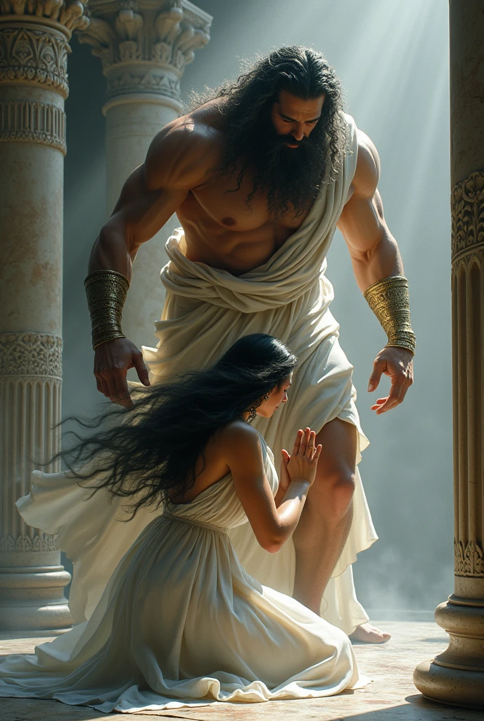 Poseidon god of ocen try to rape the Beautiful priestress of temple of olympus wearing white long gawn beautiful blak hair praying on knees in the temple