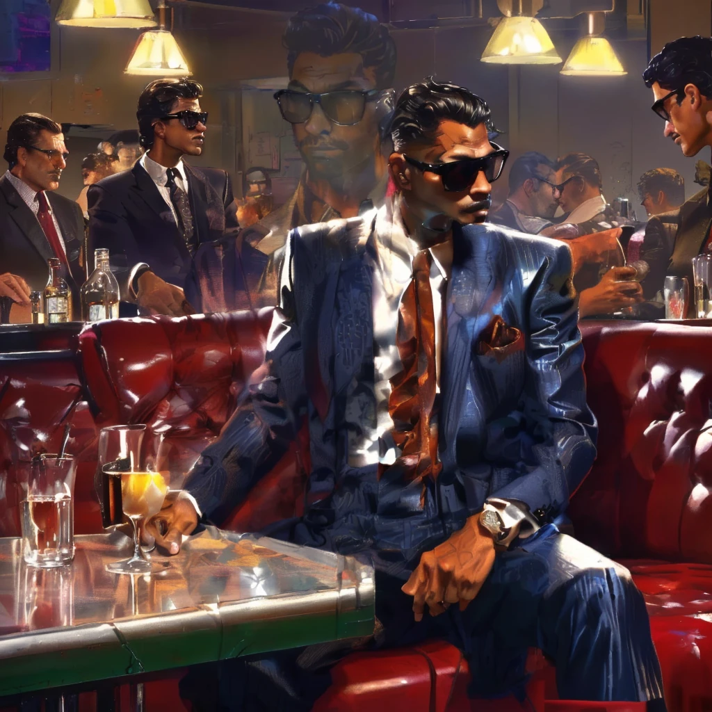 there is a man sitting at a table with a drink in his hand, in style of kar wai wong, neo - noir style, mafia background hyper detailed, neo noir style, neo - noir setting, inspired by Vincent Lefevre, inspired by F Scott Hess, by John La Gatta, gta vice city style art, mobster, confortable atmosphere