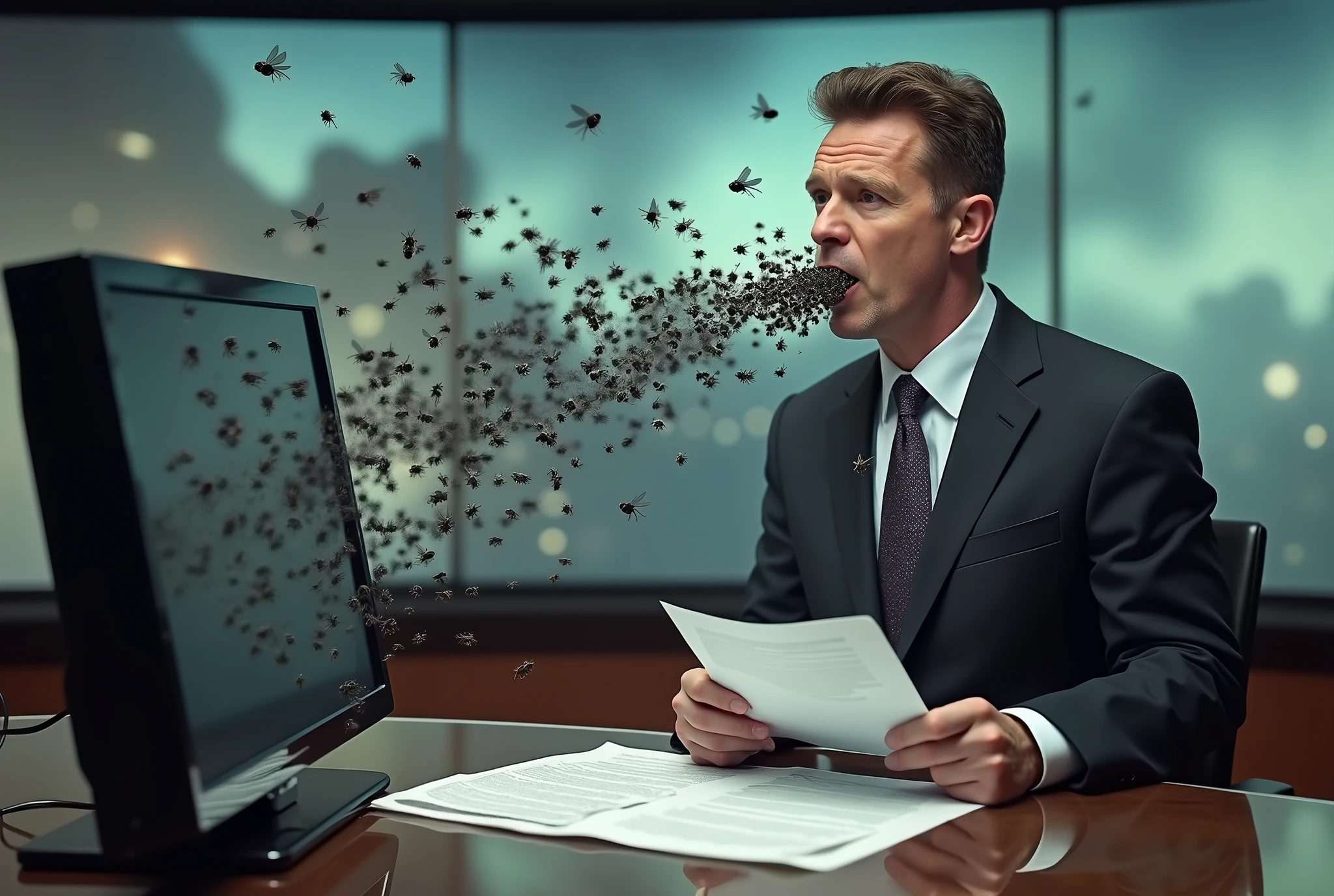 Focus on the mouth which remains visible. [on the left there is a news reporter in a jacket and tie reading the news about the war from a sheet of paper, with images of war behind him]. Thousands of tiny black flies come out of the journalist&#39;s mouth. Flies spread across the TV studio. Flies land everywhere: sui monitor, on the desk, on the sheets. [black flies come out of the mouth:1.5]