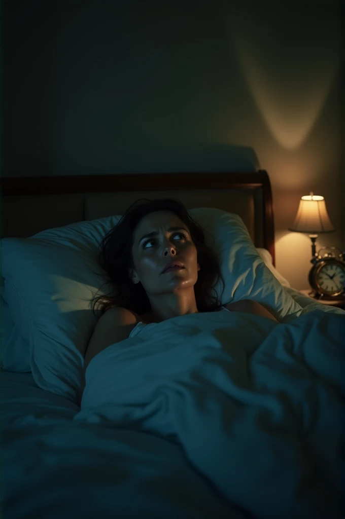 "Create a cinematic scene where a 40-year-old woman lies awake in bed, bathed in dim light. The room is dark and silent except for the faint whir of a ceiling fan and the ticking of a clock, which heightens her growing anxiety."