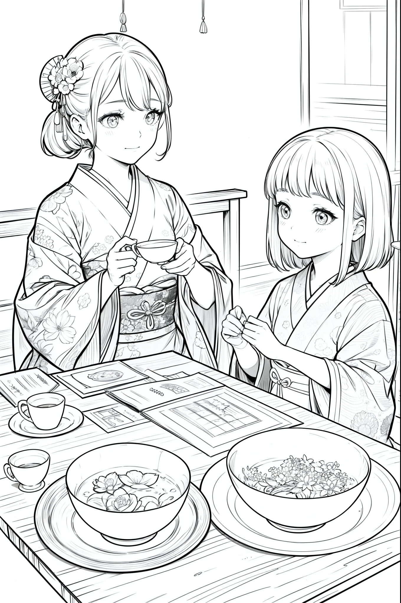 Masterpiece, top class, unique, cute, flowers, line drawing background, white background, monochrome, line drawing, ((sketch)), creepy, white eyes, create a monochrome coloring book that even adults can easily do, a realistic and cute ukiyo-e of a girl in a kimono playing rock-paper-scissors with a tea room in the background where a hanging scroll can be seen, and small plates and tea bowls with sweets on them are lined up on the table, conveying Japanese culture.