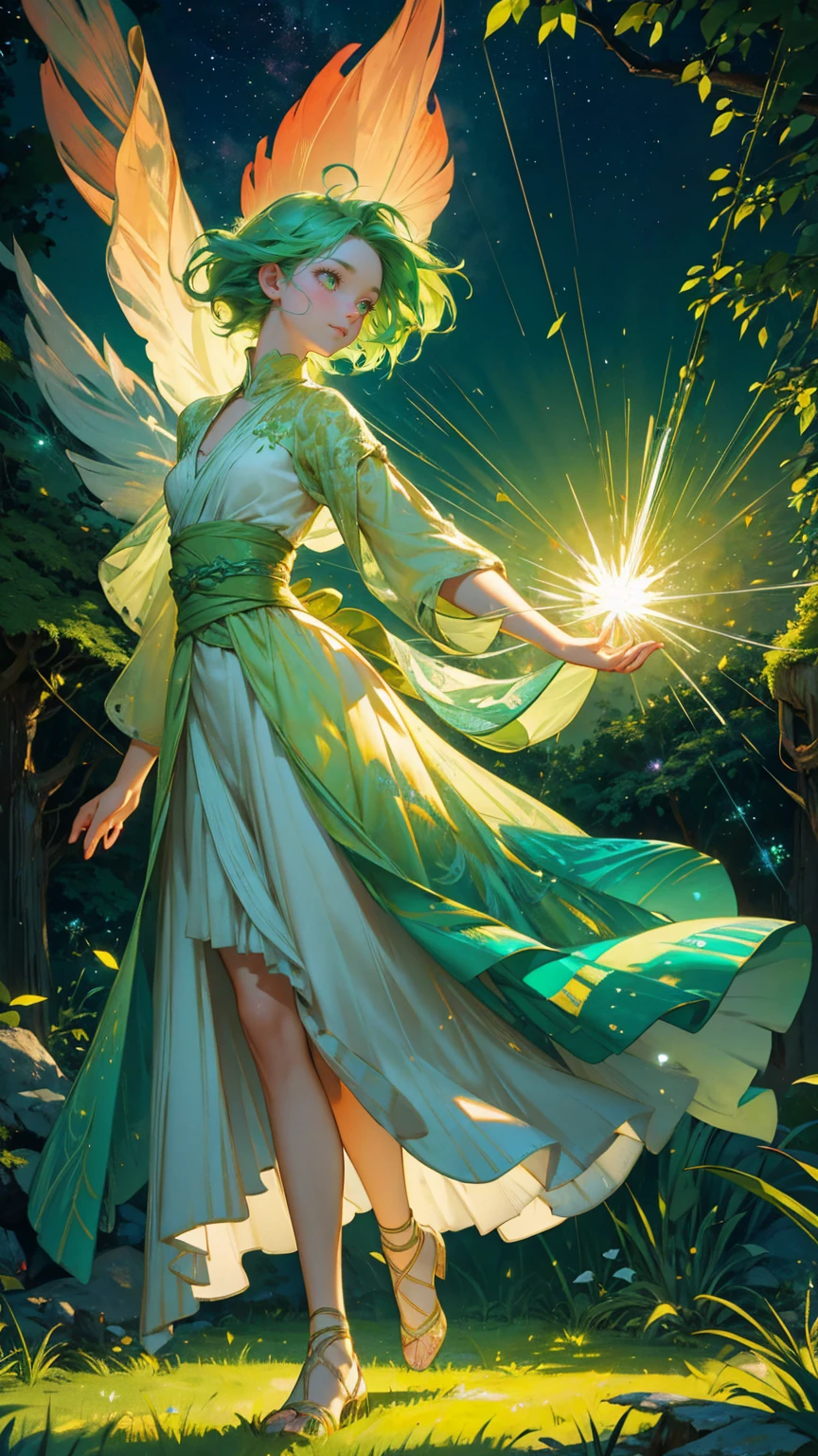 A beautiful, cute girl with bright green hair and glowing eyes, dressed in a natural, flowy outfit that resembles leaves and vines. She is standing confidently in a lush, vibrant environment filled with green planks, moss-covered stones, and glowing green grass tufts. Her pose is serene, with both arms stretched out wide, radiating positive energy. The background is an explosion of vibrant rainbow colors, with beams of light and sparkling stars bursting out in all directions. The scene is filled with more green hues throughout, from the moss and foliage on the ground to the glowing leaves in the air, creating a harmonious and magical atmosphere. The character is fully visible in a zoomed-out view, centered within this enchanted, verdant setting