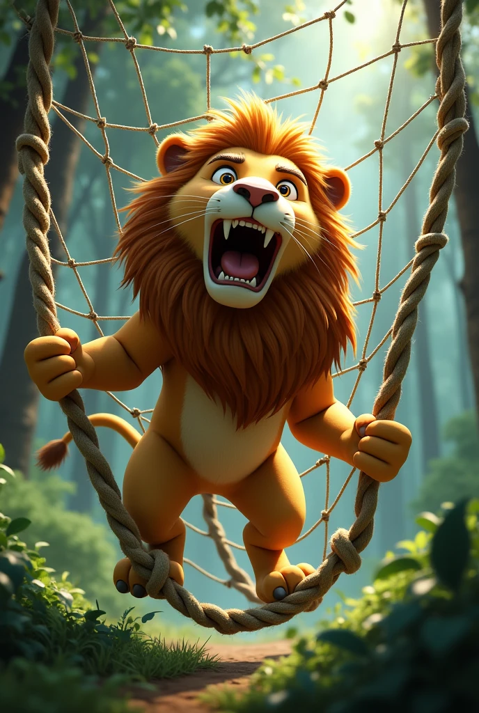 in Cinematic 3d cartoon style "• Trapped Lion: The lion caught in a hunter's net, struggling and roaring for help.