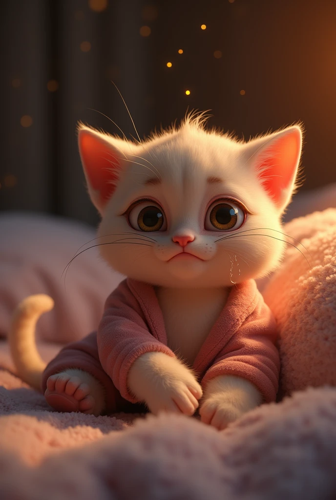 「AI kitten drawn in Pixar style, Lying in bed, Tears flowing, exhausted look, In a dimly lit room, Wearing fluffy loungewear, Soft Light, Eyes full of emotion, 3D animation style, Warm colors, Delicate texture」